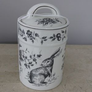 EASTER BUNNY RABBIT TOILE FLORAL LARGE COOKIE JAR CANISTER - GRAY/WHITE - NEW